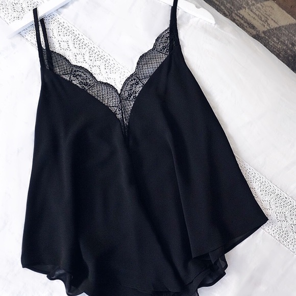Black Mesh Lace V Neck Swing Spaghetti Cami Top - Picture 5 of 6